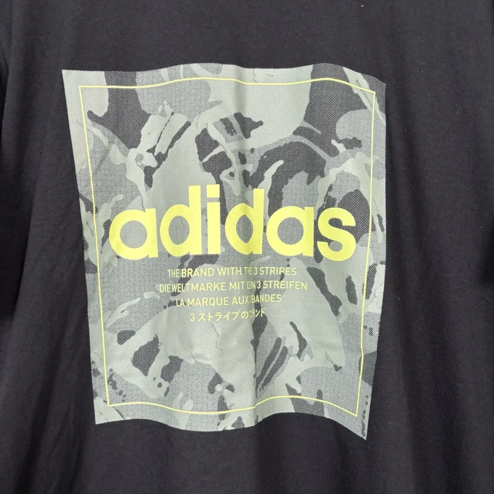 Adidas Shirt Mens XL Black Linear Box Green Camo Logo Crew Neck Short Sleeve Tee